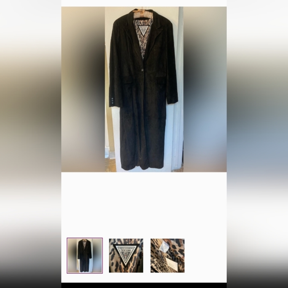 Marvin Richards Black Suede Trench Coat with Animal Print Lining